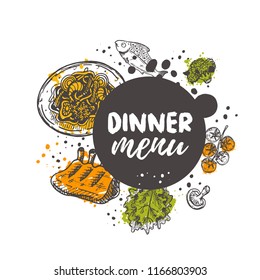 Dinner menu concept design. Round circle composition. Hand drawn vector illustration. Can be used for menu, cafe, restaurant, poster, banner, logo, emblem, sticker, placard and other design.