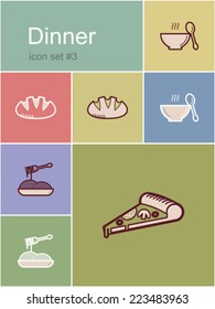 Dinner menu food and drink icons. Set of editable vector color illustrations in Metro style.