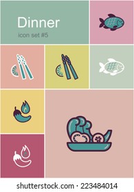 Dinner menu food and drink icons. Set of editable vector color illustrations in Metro style.