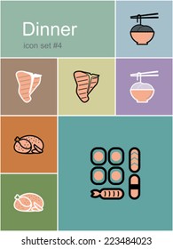 Dinner menu food and drink icons. Set of editable vector color illustrations in Metro style.