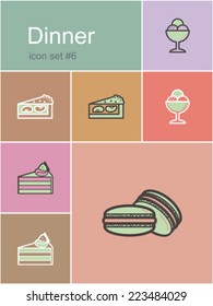 Dinner menu food and drink icons. Set of editable vector color illustrations in Metro style.