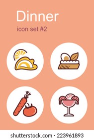 Dinner menu food and drink icons. Set of editable vector color illustrations.