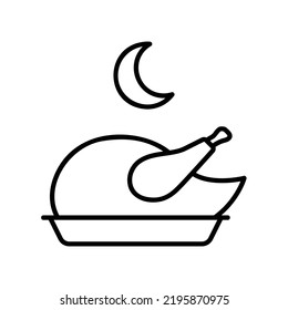 Dinner menu icon with chicken and crescent moon in black outline style