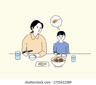 Ilustración de madre e hijo de la cena. Equilibrado, comida, casa, comida, palillos. Dibujo de vectores. Estilo dibujado a mano.