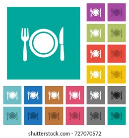Dinner multi colored flat icons on plain square backgrounds. Included white and darker icon variations for hover or active effects.