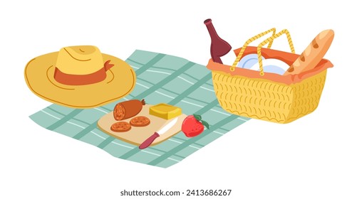 Dinner in nature. Collection of elements for outdoor recreation. Picnic blanket with stuff. Hat, sliced salami, cheese and apple. Wicker basket with baguette, wine and plates. Vector in flat style