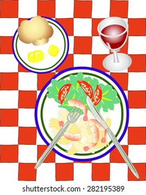 Dinner on a Checkered Cloth. Delicious meal is served on a red and white tablecloth. A dinner plate, knife, and fork have shrimp, pasta, and salad.  A dinner roll and butter. A glass of red wine.