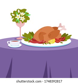 Dinner on a table covered with a tablecloth. Baked chicken with vegetables and tomato sauce. Vector illustration in flat style.
