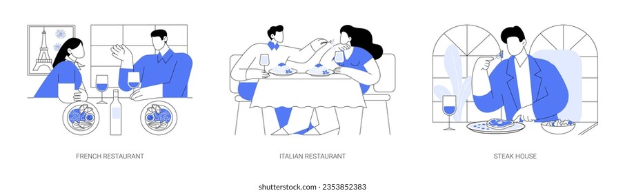 Dinner out isolated cartoon vector illustrations set. Happy couple eating out in french restaurant, gourmet food menu, traditional Italian cuisine, man having dinner in steak house vector cartoon.