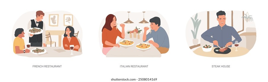 Dinner out isolated cartoon vector illustrations set. Happy couple eating out in french restaurant, gourmet food menu, traditional Italian cuisine, man having dinner in steak house vector cartoon.