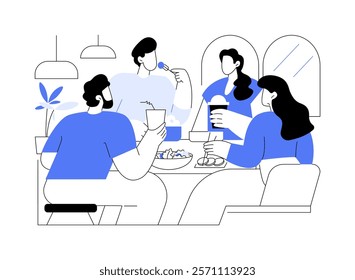 Dinner out isolated cartoon vector illustrations. Group of close family friends have dinner in a restaurant together, enjoying meal and drinks, food diversity on the table vector cartoon.