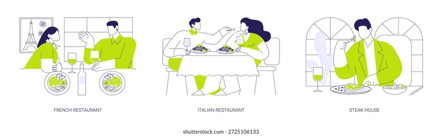 Abendessen aus einzelnen Cartoon-Vektorgrafiken gesetzt. Ein glückliches Paar, das im französischen Restaurant essen geht, Gourmet-Menü, traditionelle italienische Küche, Mann, der im Steak-House zu Abend isst, Vektorkarikatur.