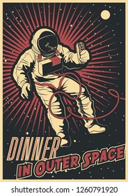 Dinner in Outer Space. Vector Illustration Astronaut and Hot Dog