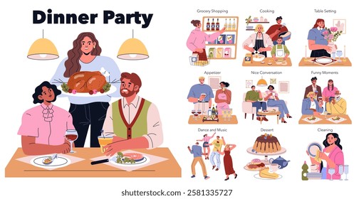 Dinner party activities depicted with friends enjoying various moments, from grocery shopping to cooking and dancing. A depiction of gathering, joy, and shared experiences. Vector illustration.