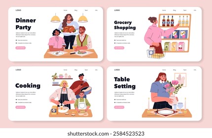 Dinner party concept portraying food preparation and celebration with friends and family. Moments of cooking, table setting, and shopping create a warm atmosphere for gatherings. Vector illustration.