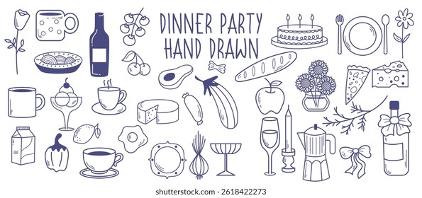 Dinner party hand drawn vector, doodle food
