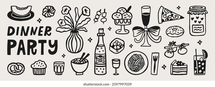 Dinner party hand-drawn doodle elements. Cafe vector set, breakfast, brunch, lunch menu drawings 