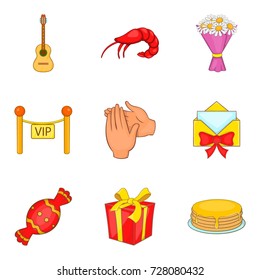 Dinner party icons set. Cartoon set of 9 dinner party vector icons for web isolated on white background