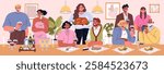 Dinner party illustration featuring a diverse group of friends enjoying a festive meal together. The scene captures laughter, food presentations, and drinks, embodying a warm, celebratory atmosphere
