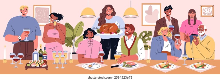 Dinner party illustration featuring a diverse group of friends enjoying a festive meal together. The scene captures laughter, food presentations, and drinks, embodying a warm, celebratory atmosphere