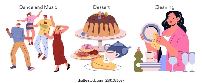 Dinner party illustration showcases lively interactions with dancing guests, delightful desserts, and post-party cleaning. This captures the joy, celebration, and responsibilities of hosting a