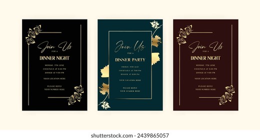 Dinner party invitation card template with luxury. floral. gold. Party poster a4 size. EPS vector illustration