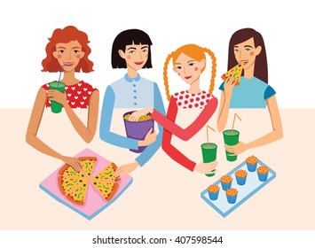 Dinner Party Movie Night With Four Cute Girls Friends Vector Illustration. Ginger, Brunette, Blond And Brown Haired Girlfriends Different Hairstyles Chatting, Snacking together.