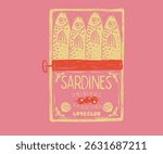 Dinner party. Sardines fish artwork for t shirt print, poster, sticker and other uses. In pure olive and lemon. Canned fish artwork. Fish vintage artwork. Seafood t shirt design. Sardines love club.