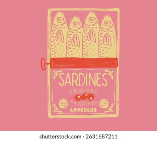 Dinner party. Sardines fish artwork for t shirt print, poster, sticker and other uses. In pure olive and lemon. Canned fish artwork. Fish vintage artwork. Seafood t shirt design. Sardines love club.