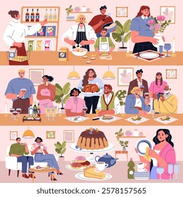 Dinner party scene featuring diverse guests enjoying meal preparations and sharing moments together. From cooking to celebrating with friends, the illustration captures warmth, joy, and togetherness