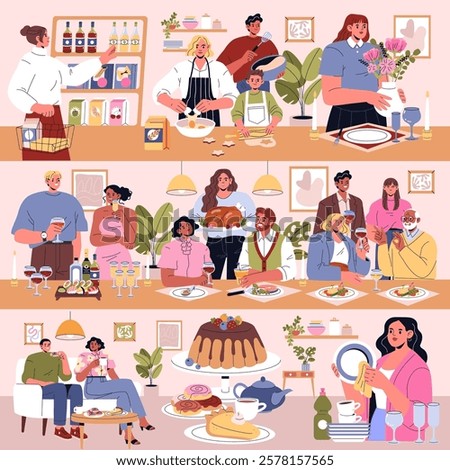 Dinner party scene featuring diverse guests enjoying meal preparations and sharing moments together. From cooking to celebrating with friends, the illustration captures warmth, joy, and togetherness