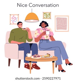 Dinner party scene featuring two friends enjoying a casual conversation over coffee and pastries. The cozy atmosphere is complemented by comfortable seating and decorative wall art.