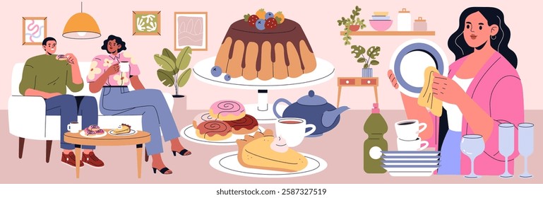 Dinner party scene with friends enjoying dessert and drinks. A woman cleans dishes while two guests engage in conversation, surrounded by a delightful spread of sweet treats and beverages. Vector