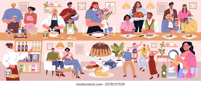 Dinner party scene with guests engaging in cooking, serving, and enjoying food together. A warm atmosphere filled with laughter, delicious meals, and cheerful interactions. Ideal for celebration