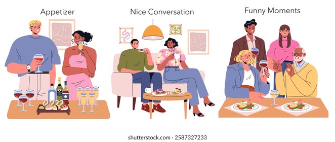 Dinner party scene with various interactions among friends, featuring appetizers, drinks, and laughter. Captures moments of connection, enjoyment, and memorable conversations among attendees. Vector