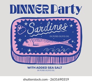 Dinner party. Seafood artwork. Sardines love club. Sardines fish artwork for t shirt print, poster, sticker and other uses. Canned fish artwork.