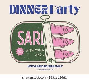 Dinner party. Seafood t shirt design. Canned fish artwork. Fish vintage artwork. Sardines fish artwork for t shirt print, poster, sticker and other uses.