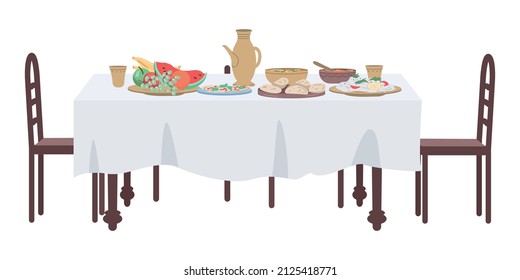 Dinner party serving semi flat color vector object. Full sized item on white. Interior item. Part of house arrangement simple cartoon style illustration for web graphic design and animation