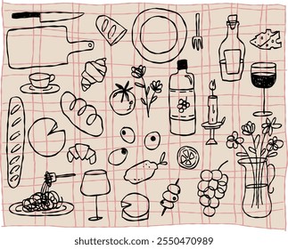 dinner or picnic doodle style illustration set, simple food illustrations