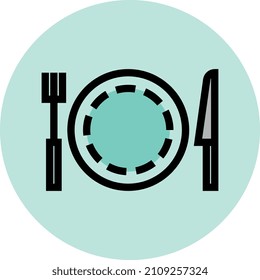 Dinner place icon. Plate with fork and knife. Restaurant symbol