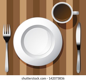 Dinner plate and coffee cup on wooden background