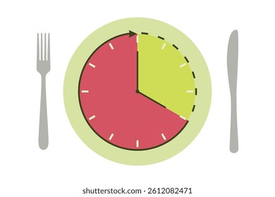 Dinner plate and cutlery with clock symbol for intermittent fasting diet concept in vector