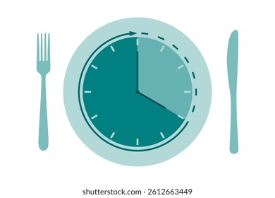 Dinner plate and cutlery with clock symbol for intermittent fasting diet concept in vector