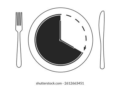 Dinner plate and cutlery with clock symbol for intermittent fasting diet concept in black and white vector