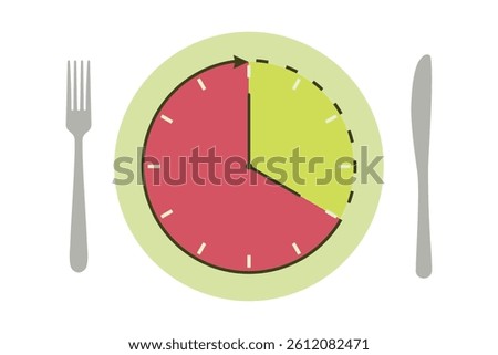 Dinner plate and cutlery with clock symbol for intermittent fasting diet concept in vector