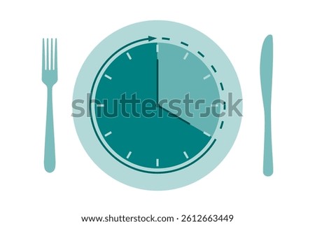 Dinner plate and cutlery with clock symbol for intermittent fasting diet concept in vector