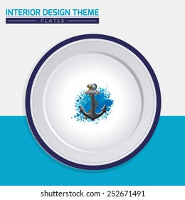 Dinner plate design vector template. Home interior decor element. Dinner plate decorated with anchor nautical motif, rope & line border in blue & white. Modern interior design element. Editable