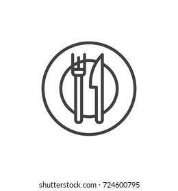 Dinner with plate fork and knife line icon, outline vector sign, linear style pictogram isolated on white. Food symbol, logo illustration. Editable stroke