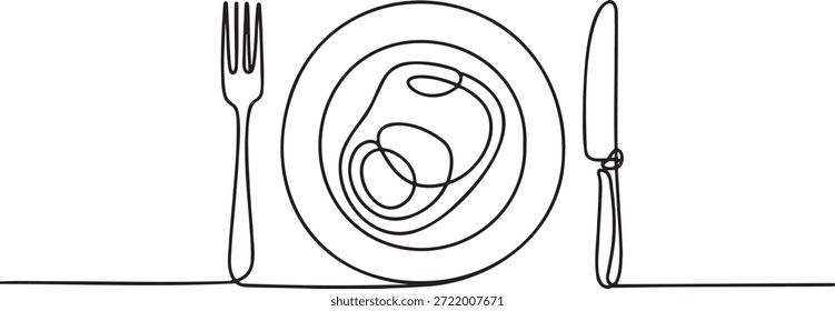 Dinner Platte mit Gabel und Messer, gerendert als durchgehende Linie Zeichnung. Die Illustration stellt eine Mahlzeit, ein Restaurant oder ein kulinarisches Erlebnis dar. Monoline Kunst des Geschirrs symbolisiert Essen, Essensservice und Küchenkonzepte. Minimalistisches Design für Café-Menüs, besondere Angebote und elegante Speisen, perfekt für Speisen und Gastfreundschaft.