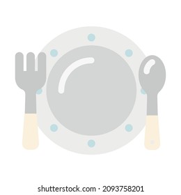 Dinner plate with fork and spoon flat icon. Cartoon illustration. Vector sign for mobile app and web sites. 